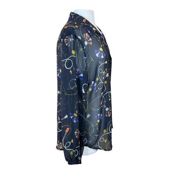 CABI Long Sleeve Button Front Victoria Status Print Semi Sheer Blouse LG - Picture 5 of 10